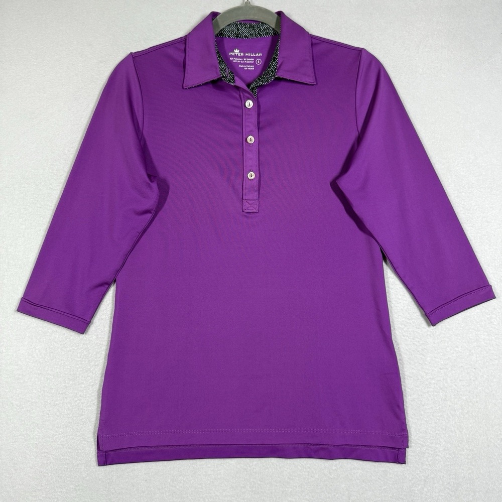 Peter Millar Polo Shirt Womens Small Polo Performance 3/4 Sleeve Purple UPF 50+